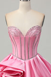 Pink Bodycon Sweetheart Satin Corset Cocktail Dress with Rhinestones
