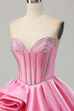 Pink Bodycon Sweetheart Satin Corset Cocktail Dress with Rhinestones