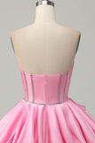 Pink Bodycon Sweetheart Satin Corset Cocktail Dress with Rhinestones