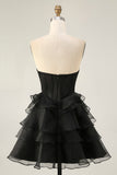 Black Strapless Corset Tiered A Line Short Prom Dress with Beading