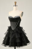 Black Strapless Corset Tiered A Line Short Prom Dress with Beading