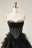 Black Strapless Corset Tiered A Line Short Prom Dress with Beading