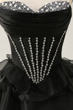 Black Strapless Corset Tiered A Line Short Prom Dress with Beading