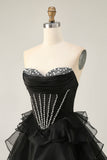 Black Strapless Corset Tiered A Line Short Prom Dress with Beading