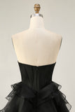 Black Strapless Corset Tiered A Line Short Prom Dress with Beading