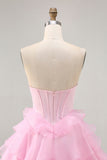 Tiered Beaded A Line Strapless Short Pink Prom Dress