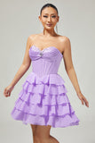 Strapless Purple Tiered Corset A Line Cocktail Dress