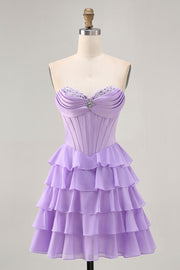 Strapless Purple Tiered Corset A Line Cocktail Dress