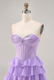 Strapless Purple Tiered Corset A Line Cocktail Dress