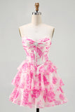 White Blue Floral Corset A-line Strapless Tiered Short Prom Dress