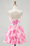 White Blue Floral Corset A-line Strapless Tiered Short Prom Dress