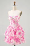 White Blue Floral Corset A-line Strapless Tiered Short Prom Dress