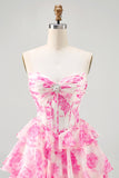 A-Line Strapless Corset Tiered Fuchsia Floral Short Prom Dress