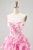 A-Line Strapless Corset Tiered Fuchsia Floral Short Prom Dress