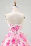 A-Line Strapless Corset Tiered Fuchsia Floral Short Prom Dress