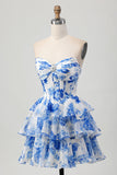 A-Line Strapless Corset Tiered Fuchsia Floral Short Prom Dress