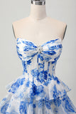 A-Line Strapless Corset Tiered Fuchsia Floral Short Prom Dress