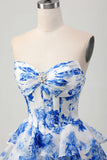A-Line Strapless Corset Tiered Fuchsia Floral Short Prom Dress