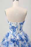 A-Line Strapless Corset Tiered Fuchsia Floral Short Prom Dress