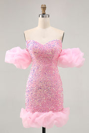 Sparkly Off The Shoulder Pink Sequins Tight Cocktail Dress