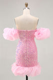 Sparkly Off The Shoulder Pink Sequins Tight Cocktail Dress