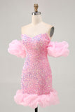 Sparkly Off The Shoulder Pink Sequins Tight Cocktail Dress