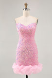 Sparkly Off The Shoulder Pink Sequins Tight Cocktail Dress