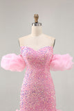 Sparkly Off The Shoulder Pink Sequins Tight Cocktail Dress