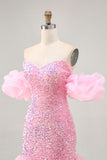 Sparkly Off The Shoulder Pink Sequins Tight Cocktail Dress