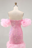 Sparkly Off The Shoulder Pink Sequins Tight Cocktail Dress