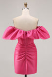 Satin Off The Shoulder Fuchsia Ruffled Tight Cocktail Dress