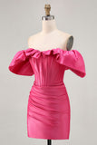 Satin Off The Shoulder Fuchsia Ruffled Tight Cocktail Dress