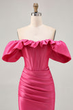 Satin Off The Shoulder Fuchsia Ruffled Tight Cocktail Dress