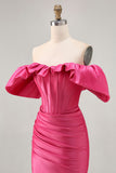 Satin Off The Shoulder Fuchsia Ruffled Tight Cocktail Dress
