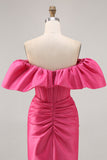 Satin Off The Shoulder Fuchsia Ruffled Tight Cocktail Dress
