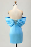 Blue Strapless Ruched Tight Short Prom Dress with Lace-up Back