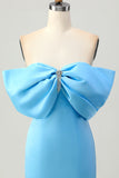 Blue Strapless Ruched Tight Short Prom Dress with Lace-up Back