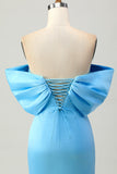 Blue Strapless Ruched Tight Short Prom Dress with Lace-up Back