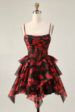 Black Red A Line Cowl Neck Corset Tiered Short Prom Dress