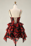 Black Red A Line Cowl Neck Corset Tiered Short Prom Dress