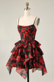 Black Red A Line Cowl Neck Corset Tiered Short Prom Dress