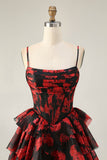 Black Red A Line Cowl Neck Corset Tiered Short Prom Dress