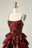 Black Red A Line Cowl Neck Corset Tiered Short Prom Dress