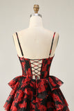 Black Red A Line Cowl Neck Corset Tiered Short Prom Dress