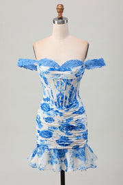 White Blue Flower Off the Shoulder Corset Short Prom Dress with Ruffles