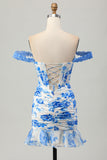 White Blue Flower Off the Shoulder Corset Short Prom Dress with Ruffles