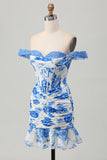 White Blue Flower Off the Shoulder Corset Short Prom Dress with Ruffles