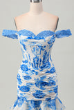 White Blue Flower Off the Shoulder Corset Short Prom Dress with Ruffles