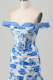 White Blue Flower Off the Shoulder Corset Short Prom Dress with Ruffles