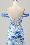 White Blue Flower Off the Shoulder Corset Short Prom Dress with Ruffles